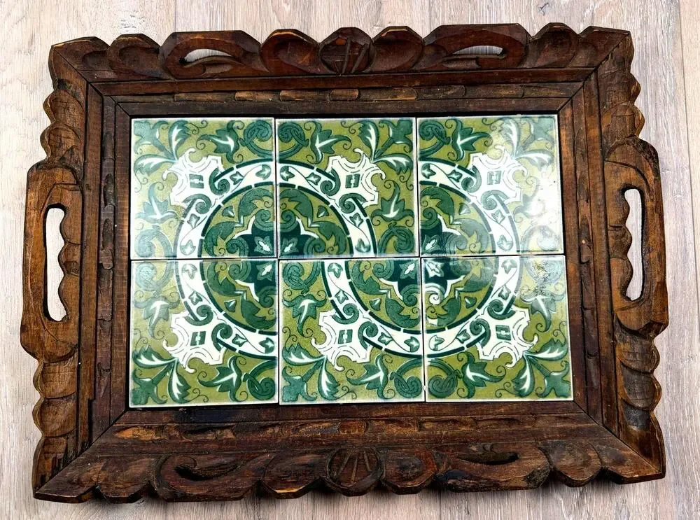 Vintage Carved Wood Tile Tray Art Nouveau Green Ceramic Handled Vanity Tray